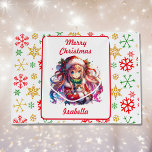 Anime Girl in Santa Hat Watercolor jul<br><div class="desc">Vattenfärgad animerad tjej i julhatt med söt kattad personlig julklapp. På baksidan finns söt Red,  guld och grönt snöflingor.</div>