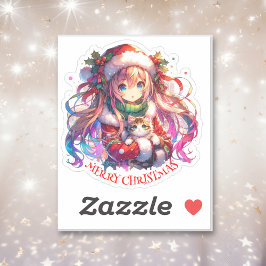 Anime Girl in Santa Hat Watercolor jul Klistermärken