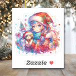 Anime Girl in Santa Hat Watercolor jul Klistermärken<br><div class="desc">Vattenfärgad animerad tjej i julhatt med valpar i hund.</div>