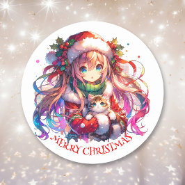 Anime Girl in Santa Hat Watercolor jul Runt Klistermärke