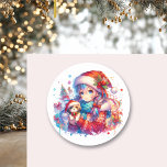 Anime Girl in Santa Hat Watercolor jul Runt Klistermärke<br><div class="desc">Vattenfärgad animerad tjej i julhatt med valpar i hund.</div>
