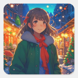 Anime Girl jul Ljus Fyrkantigt Klistermärke