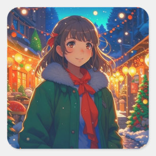Anime Girl jul Ljus Fyrkantigt Klistermärke