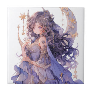 Anime Girl Lila Måne Princess Fantasy Art Kakelplatta