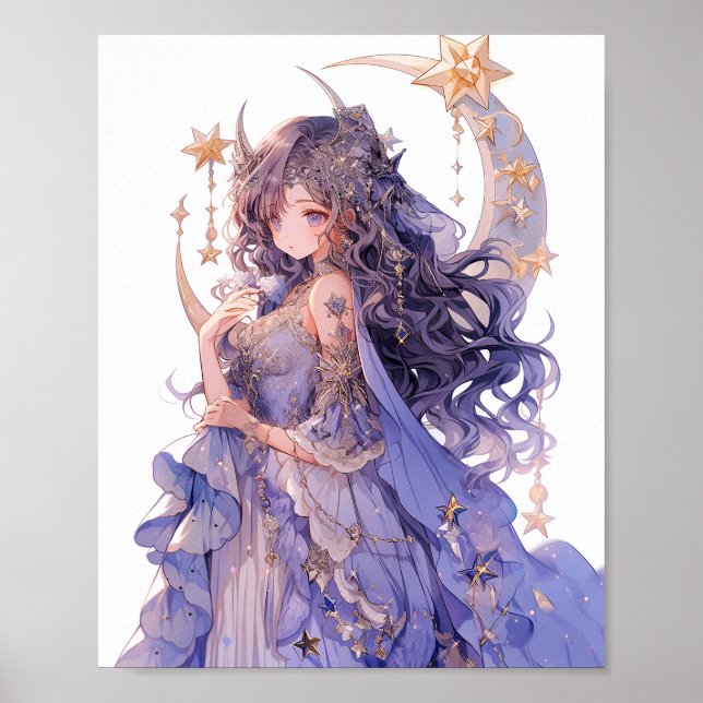 Anime Girl Lila Måne Princess Fantasy Art Poster (Framsidan)