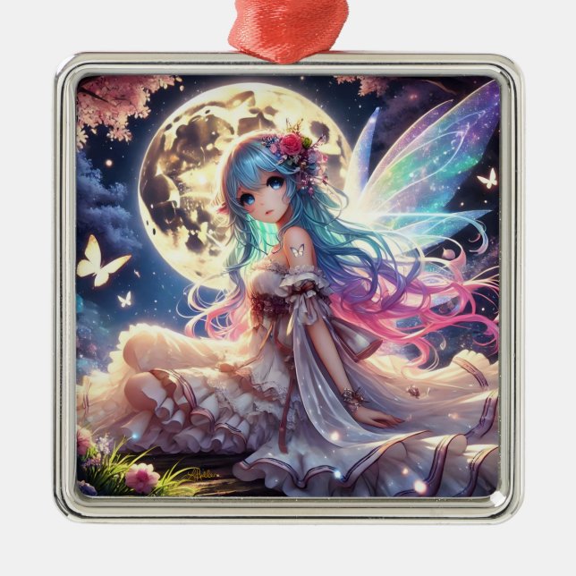 Anime Girl Måne Fairy Princess i Garden Julgransprydnad Metall (Framsidan)