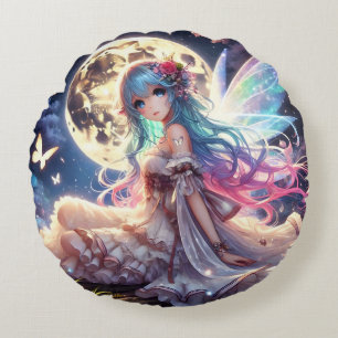 Anime Girl Måne Fairy Princess i Garden Rund Kudde