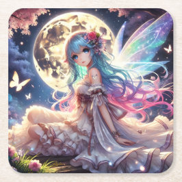 Anime Girl Måne Fairy Princess i Garden Underlägg Papper Kvadrat