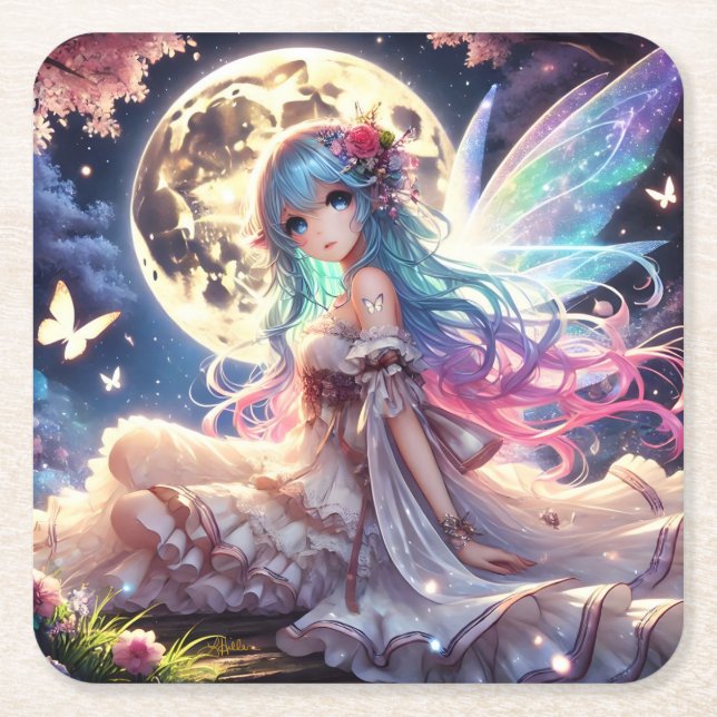 Anime Girl Måne Fairy Princess i Garden Underlägg Papper Kvadrat (Framsidan)