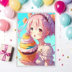 Anime Girl med Cupkaka Födelsedagsfest Inbjudningar