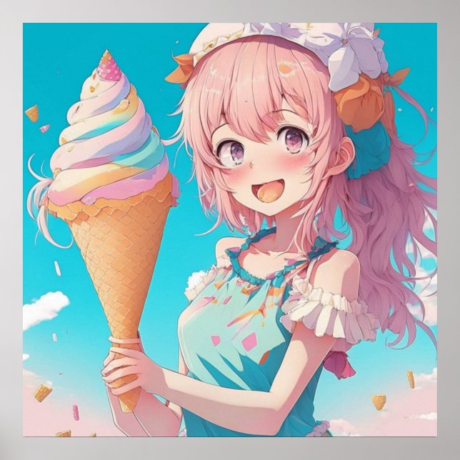 Anime Girl med Cupkaka Whimsical Poster (Framsidan)