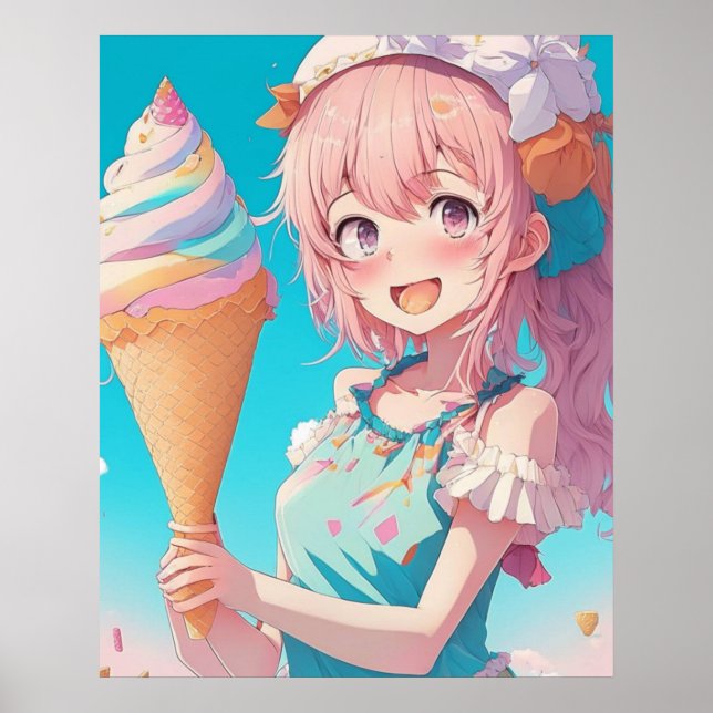 Anime Girl med Cupkaka Whimsical Poster (Framsidan)