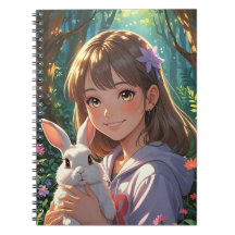 Anime Girl med Flower Ribbon och hennes Bunny