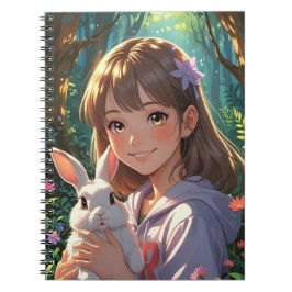 Anime Girl med Flower Ribbon och hennes Bunny Anteckningsbok