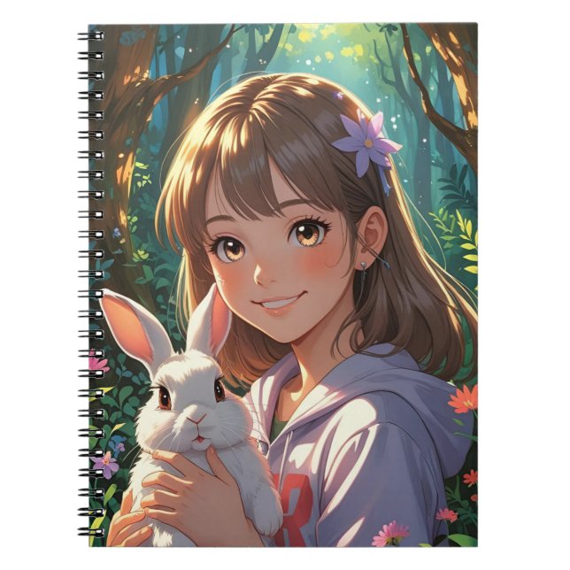 Anime Girl med Flower Ribbon och hennes Bunny Anteckningsbok (Framsidan)