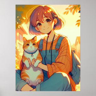 Anime Girl med hennes favoritkatt Poster