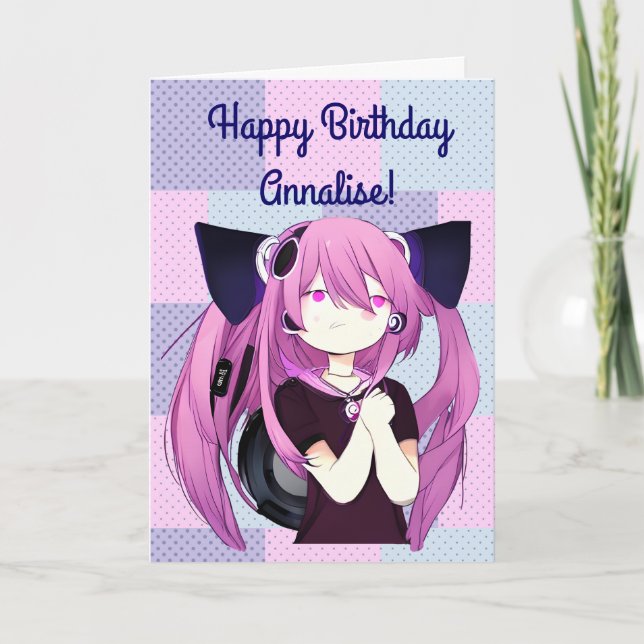 Anime Girl med hörlurar Cat Öron Big Birthday Kort (Framsida)