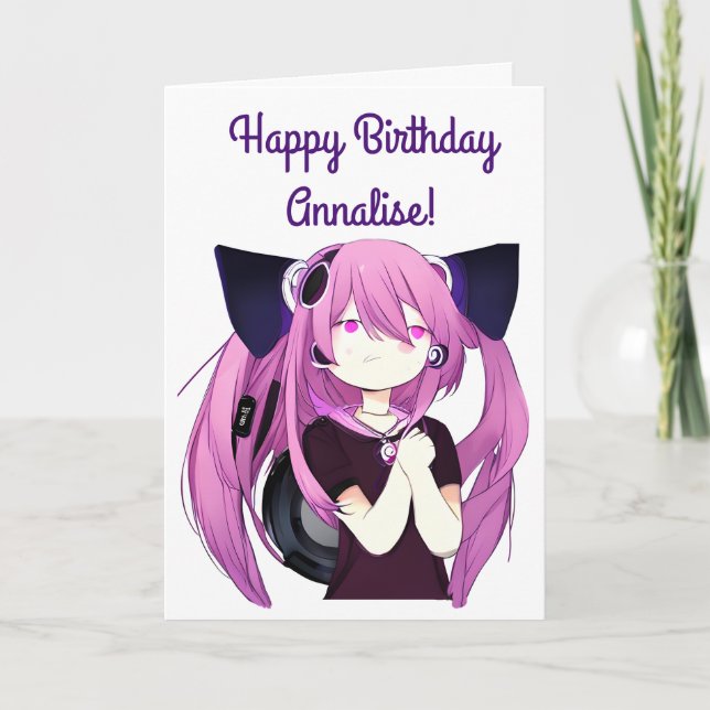 Anime Girl med hörlurar Cat Öron Big Birthday Kort (Framsida)