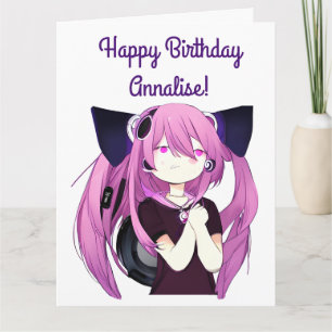 Anime Girl med hörlurar Cat Öron Big Birthday Kort