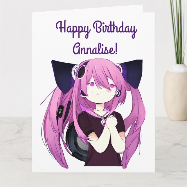 Anime Girl med hörlurar Cat Öron Big Birthday Kort (Framsida)
