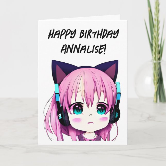 Anime Girl med hörlurar och Cat Öron Birthday Kort (Framsida)