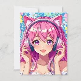 Anime Girl med hörlurar | Satt Hi Vykort