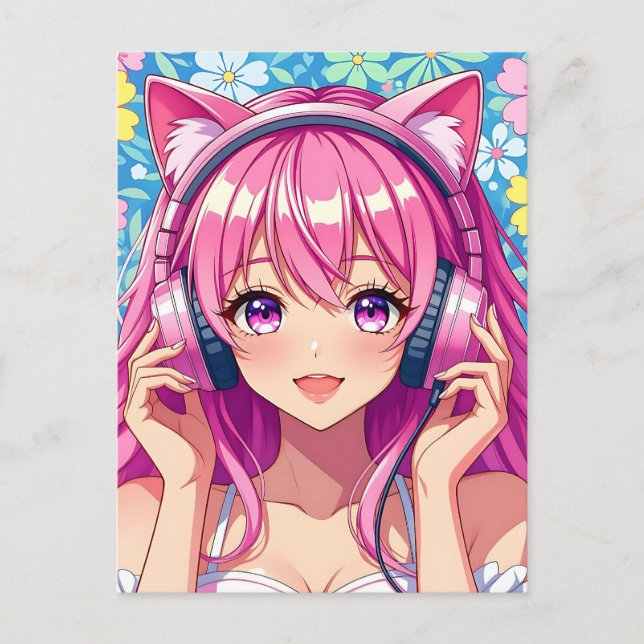 Anime Girl med hörlurar | Satt Hi Vykort (Framsida)
