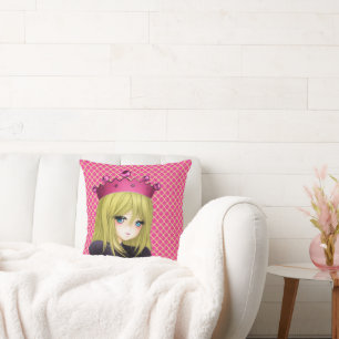 Anime Girl med Rosa Krona Kudde