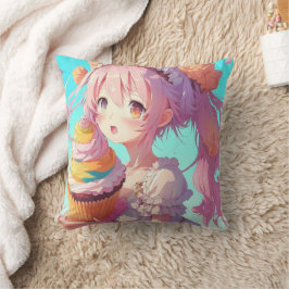 Anime Girl med Whimsical Cupcoa Kudde
