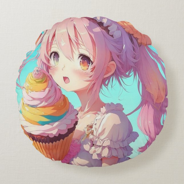 Anime Girl med Whimsical Cupcoa Rund Kudde (Framsidan)