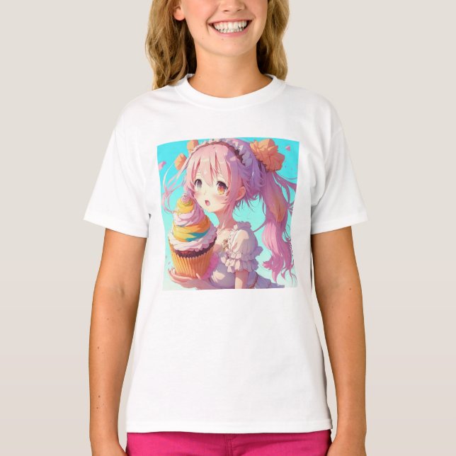 Anime Girl med Whimsical Cupcoa T Shirt (Framsida)