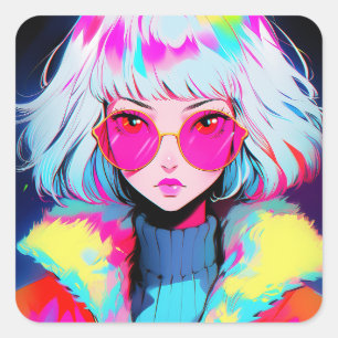 Anime Girl Modern Colorful Art Fyrkantigt Klistermärke