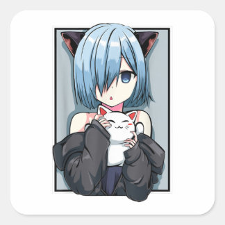 Anime Girl Neko Catgirl Pastel Kawaii Cat Manga Ja Fyrkantigt Klistermärke