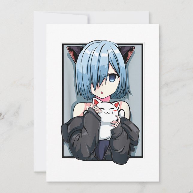 Anime Girl Neko Catgirl Pastel Kawaii Cat Manga Ja Inbjudningar (Framsida)