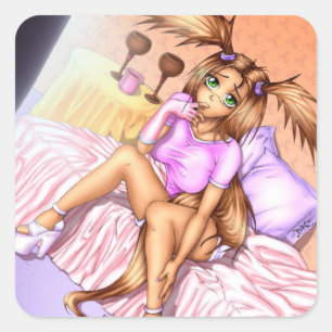 Anime Girl Nikki på Bed Fyrkantigt Klistermärke