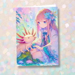 Anime Girl och en Axolotl Personlig Birthday Kort