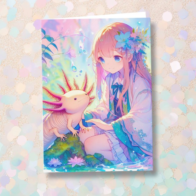 Anime Girl och en Axolotl Personlig Birthday Kort (Skapare uppladdad)