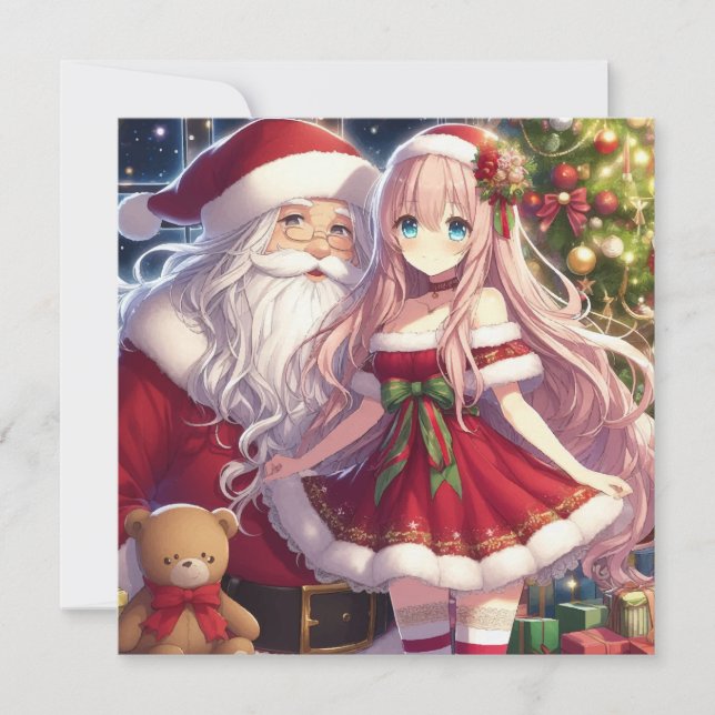 Anime Girl och Santa christmas Julkort (Framsida)