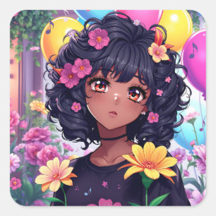 Anime Girl of Färg Birthday Fyrkantigt Klistermärke