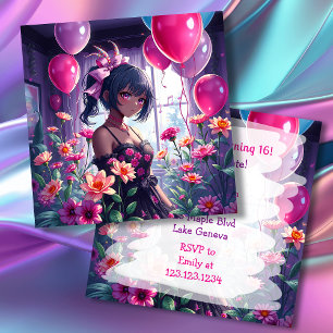 Anime Girl of Färg Blommigt Birthday Inbjudningar