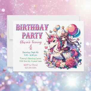 Anime Girl på Unicorn Birthday Inbjudan