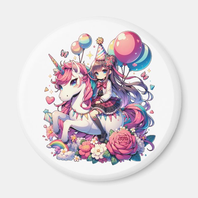 Anime Girl på Unicorn Birthday Magnet (Framsidan)