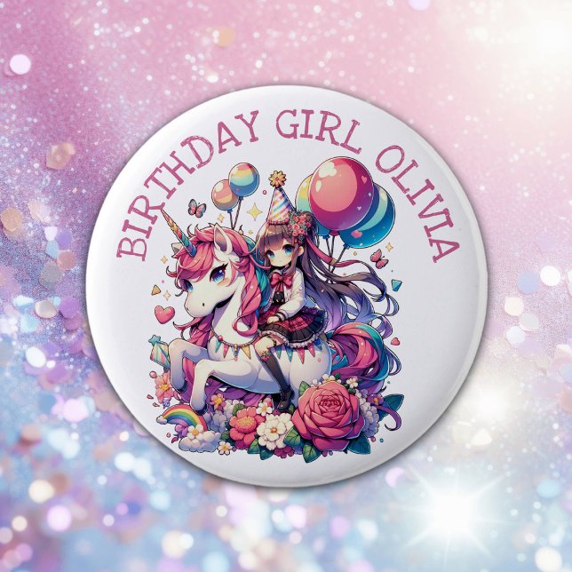 Anime Girl på Unicorn Birthday Personlig Knapp (Skapare uppladdad)