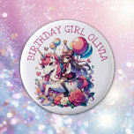Anime Girl på Unicorn Birthday Personlig Knapp<br><div class="desc">En söt animerad flicka på en enhörning med regnbågar,  fjärilar,  blommor och ballonger i rosa,  blått och lila flickas födelseknapp. I lila,  rosa och blått.</div>