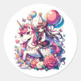 Anime Girl på Unicorn Birthday Runt Klistermärke