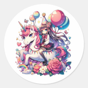 Anime Girl på Unicorn Birthday Runt Klistermärke
