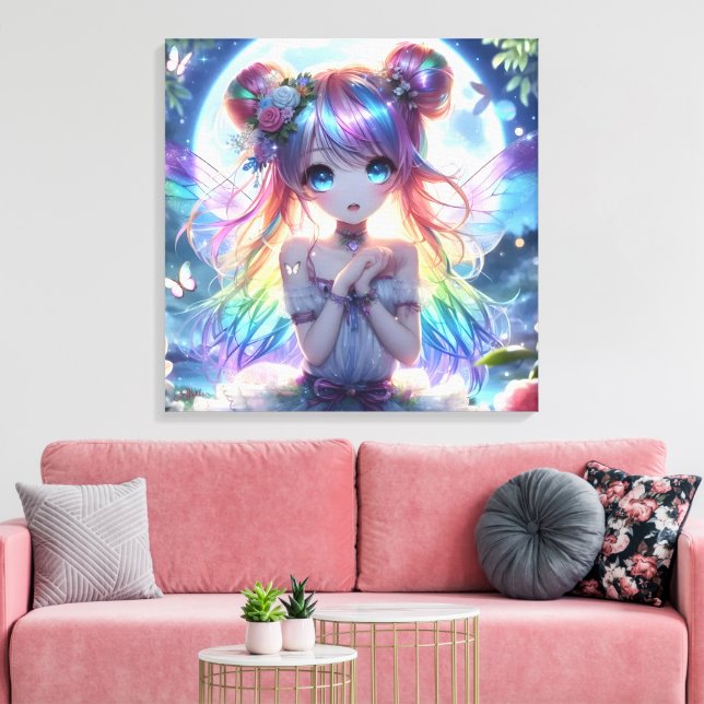 Anime Girl Rainbow Hair Singing Måne Fairy Canvastryck (Insitu (Vardagsrum))