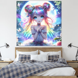 Anime Girl Rainbow Hair Singing Måne Fairy Canvastryck