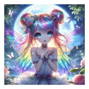 Anime Girl Rainbow Hair Singing Måne Fairy Fototryck