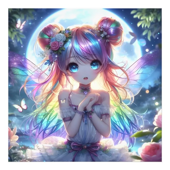 Anime Girl Rainbow Hair Singing Måne Fairy Fototryck (Framsidan)